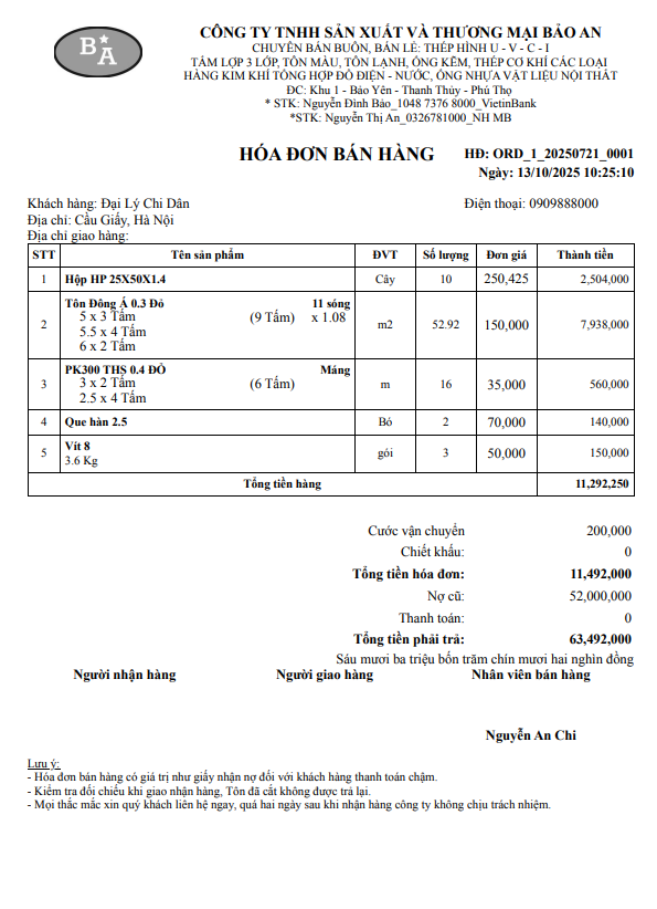 Mẫu hóa đơn bán hàng trên Phần mềm Niềm Tin