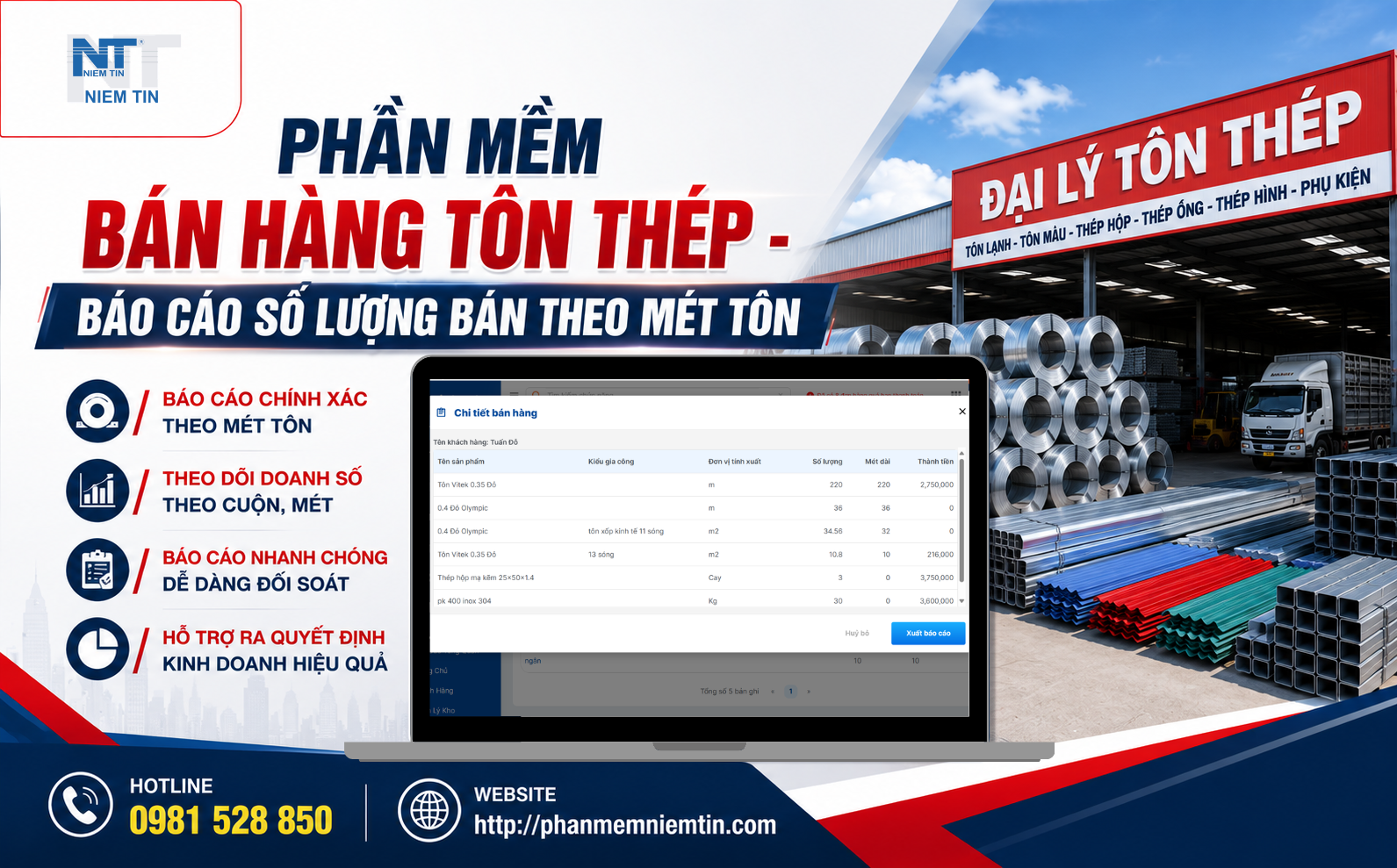 PHẦN MỀM BÁN HÀNG TÔN THÉP - BÁO CÁO SỐ LƯỢNG BÁN THEO MÉT TÔN 