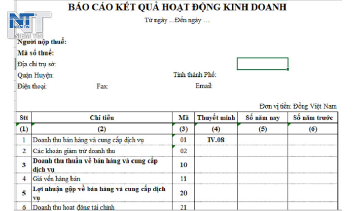 Mẫu báo cáo kết quả kinh doanh